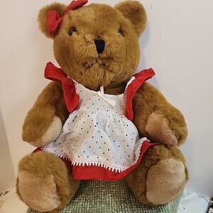 1983 Carousel by Guy Jointed Teddy Bear 16” Vintage Plush Red Polka Dress Brown